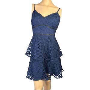 AQUA Navy Blue Tiered Lace Mini Dress – Size L